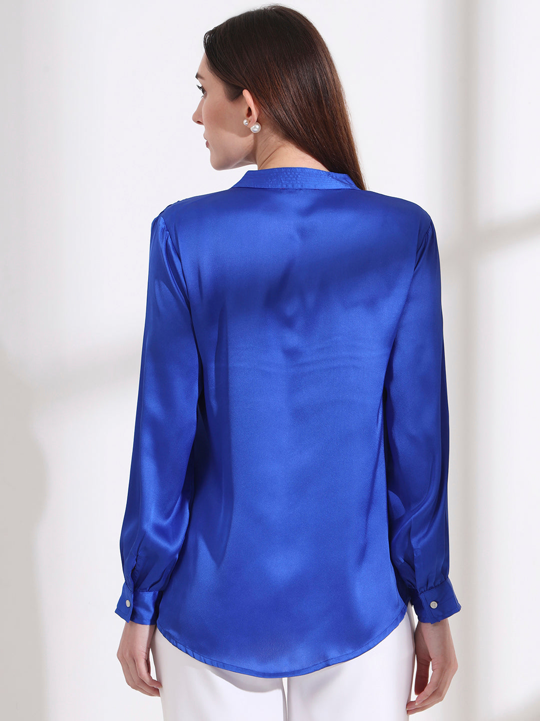 Summer Satin Royal Blue Mandarin Collar Shirt