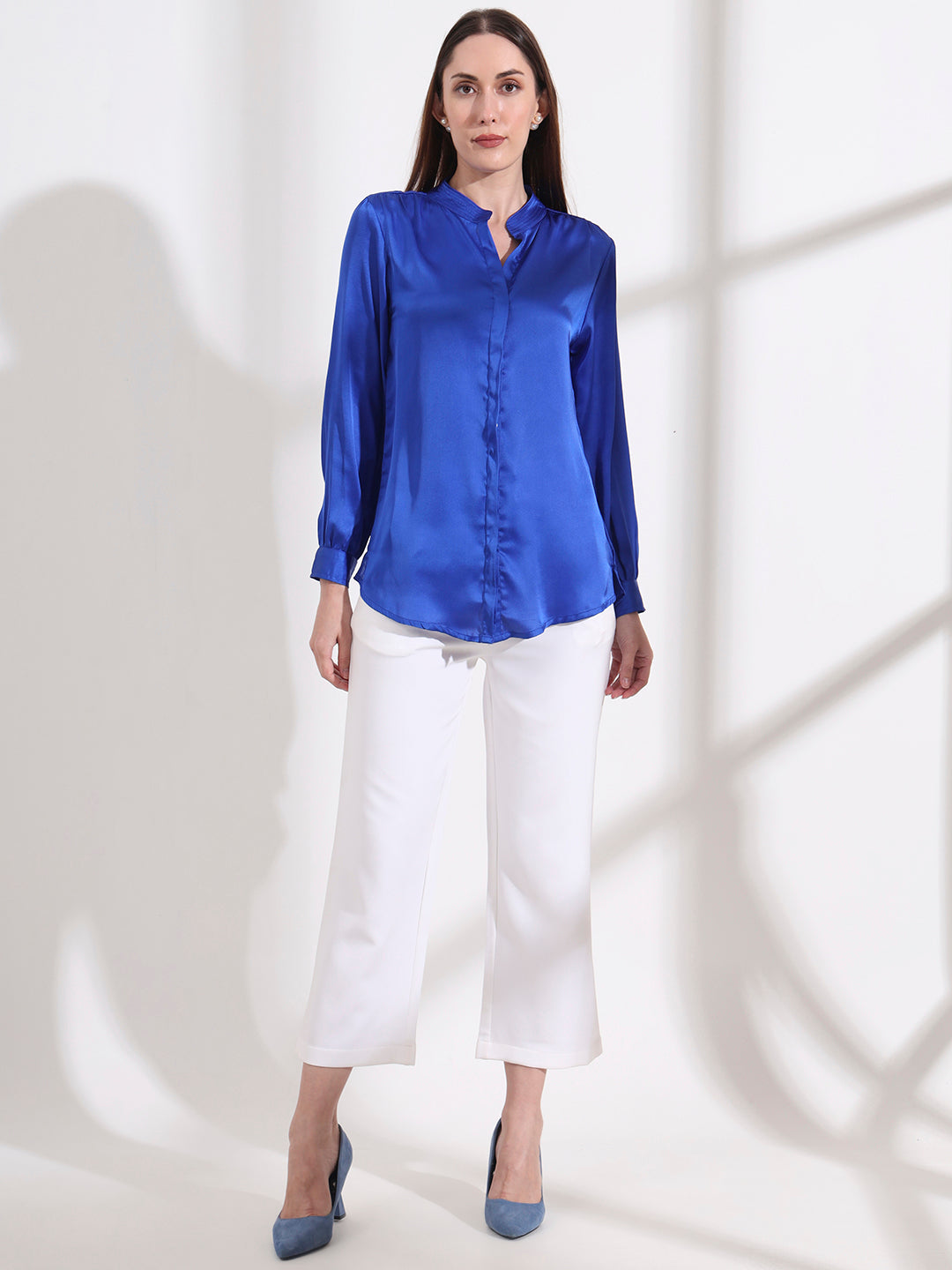 Summer Satin Royal Blue Mandarin Collar Shirt