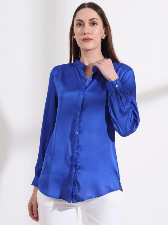 Summer Satin Royal Blue Mandarin Collar Shirt