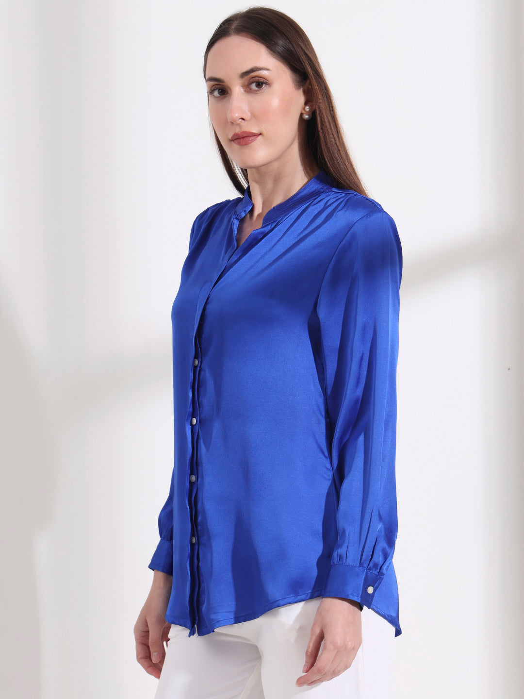 Summer Satin Royal Blue Mandarin Collar Shirt