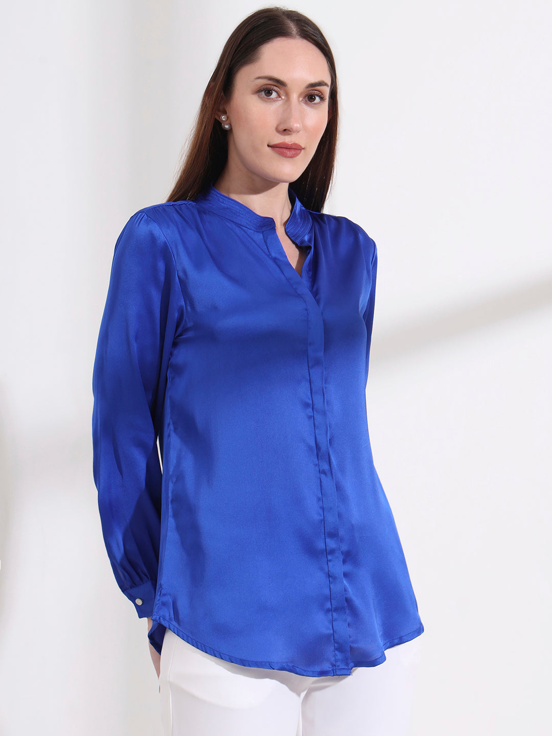 Summer Satin Royal Blue Mandarin Collar Shirt