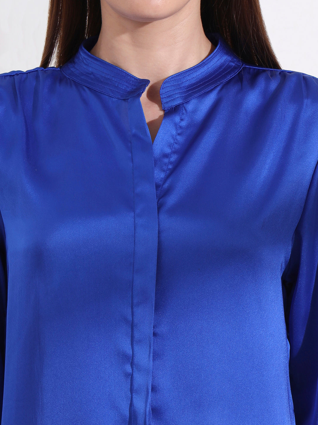 Summer Satin Royal Blue Mandarin Collar Shirt