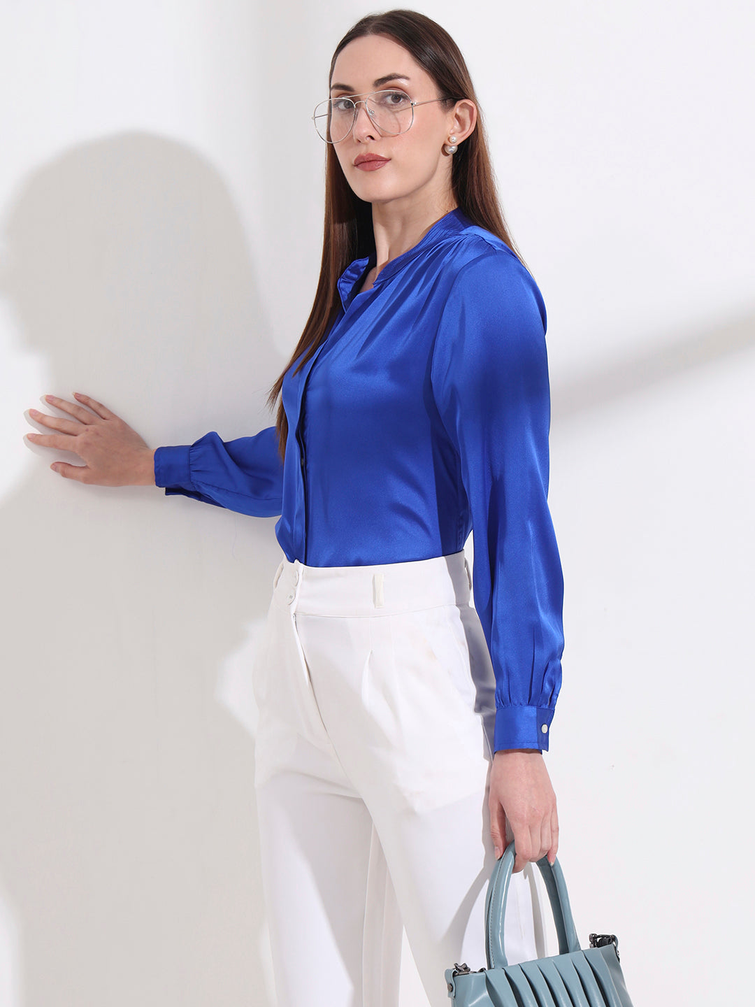 Summer Satin Royal Blue Mandarin Collar Shirt