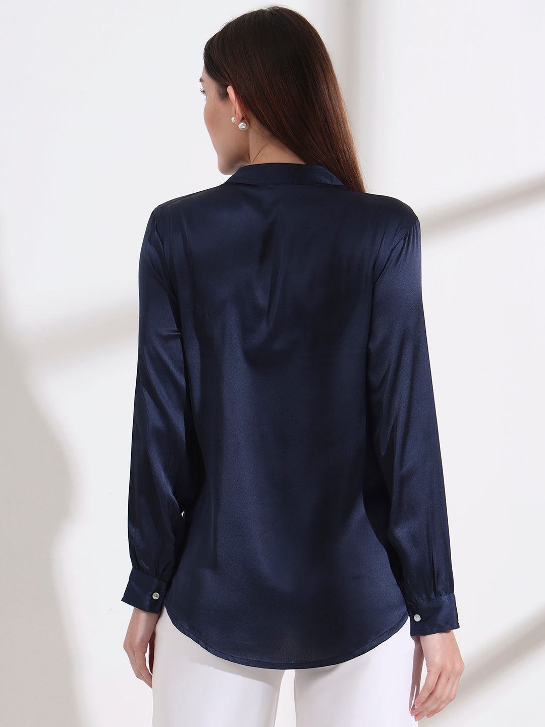 Summer Satin Navy Mandarin Collar Shirt