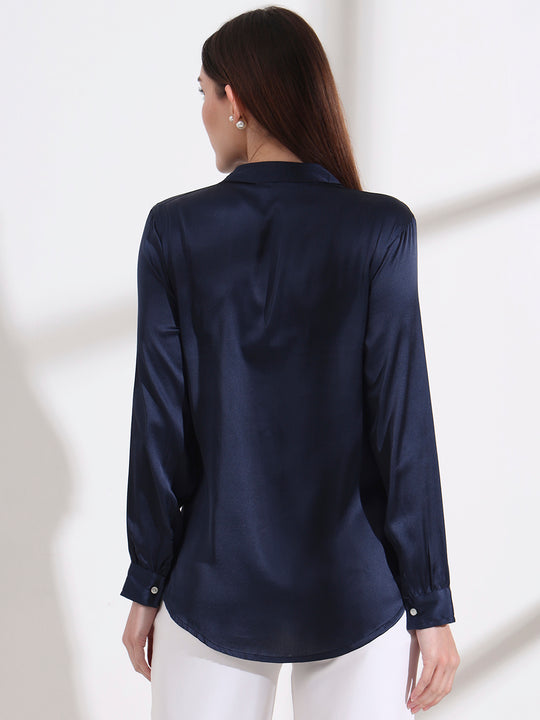 Summer Satin Navy Mandarin Collar Shirt