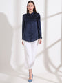 Summer Satin Navy Mandarin Collar Shirt