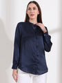 Summer Satin Navy Mandarin Collar Shirt