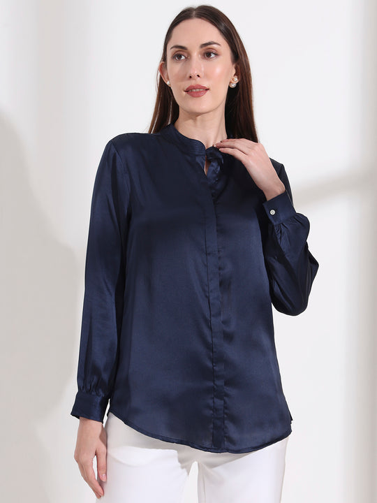Summer Satin Navy Mandarin Collar Shirt