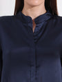 Summer Satin Navy Mandarin Collar Shirt