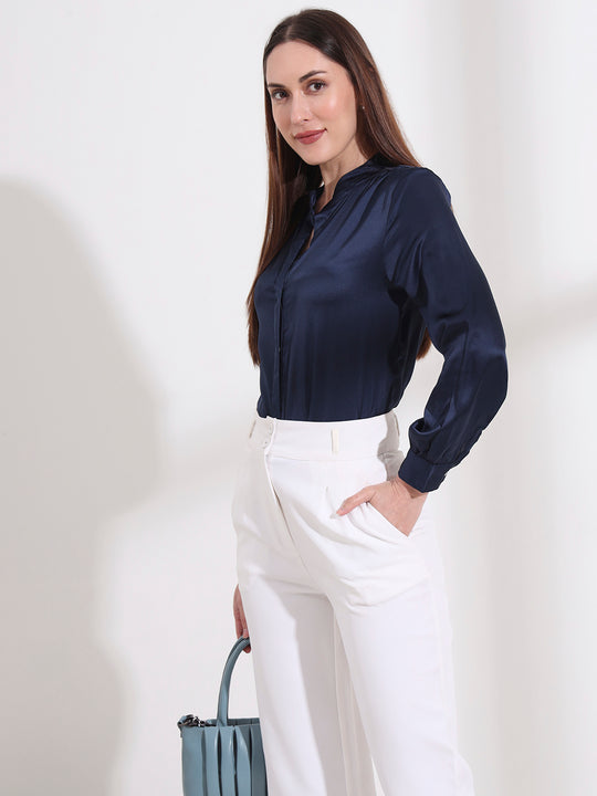 Summer Satin Navy Mandarin Collar Shirt