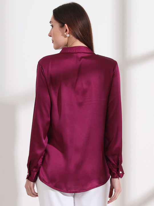 Summer Satin Deep Plum Mandarin Collar Shirt