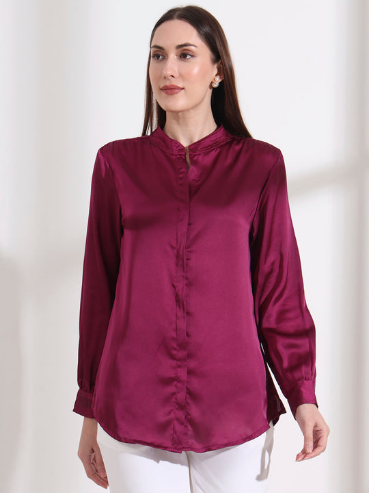 Summer Satin Deep Plum Mandarin Collar Shirt