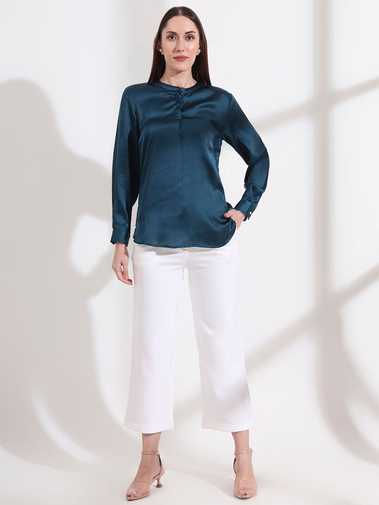 Summer Satin Deep Teal Front Pleated Tunic