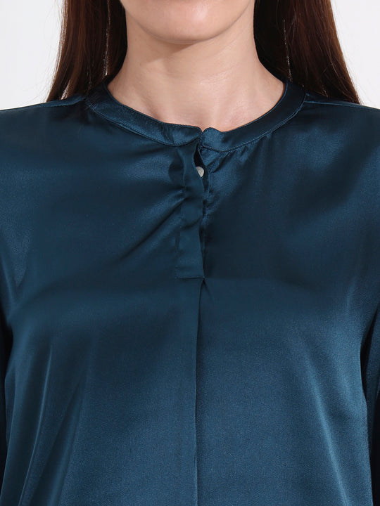 Summer Satin Deep Teal Front Pleated Tunic