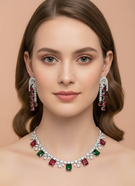 Luxury Silver-Tone Cubic Zirconia Ruby & Emerald Statement Necklace & Earrings Set