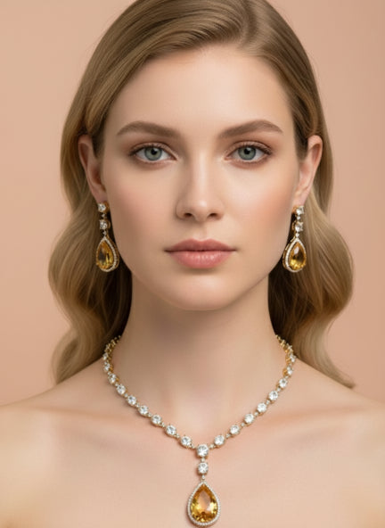 Luxury Gold-Tone Cubic Zirconia & Teardrop Crystal Pendant Necklace & Earrings Set