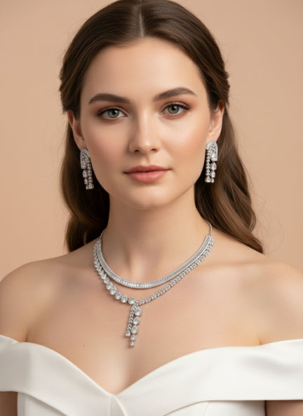White Cubic Zirconia Double Layer Necklace & Earrings Set for Women