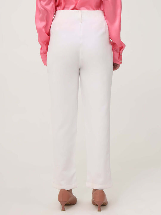 Women'S Luxury Banana Crepe Off White Skin Fit With Multi Pleated Trouser