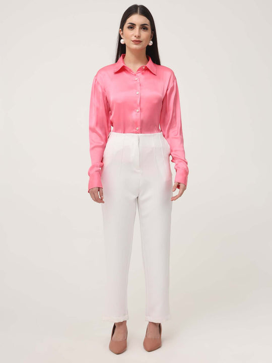 Women'S Luxury Banana Crepe Off White Skin Fit With Multi Pleated Trouser