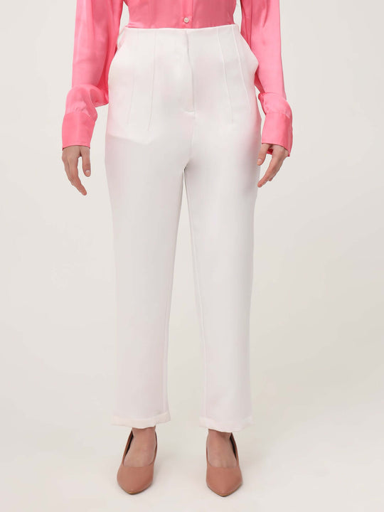 Women'S Luxury Banana Crepe Off White Skin Fit With Multi Pleated Trouser