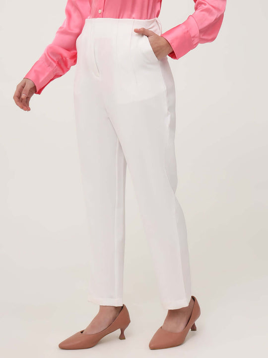 Women'S Luxury Banana Crepe Off White Skin Fit With Multi Pleated Trouser