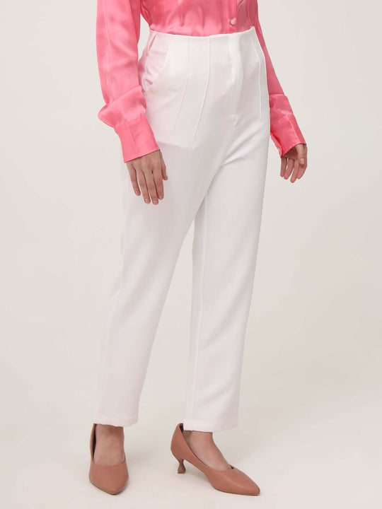 Women'S Luxury Banana Crepe Off White Skin Fit With Multi Pleated Trouser