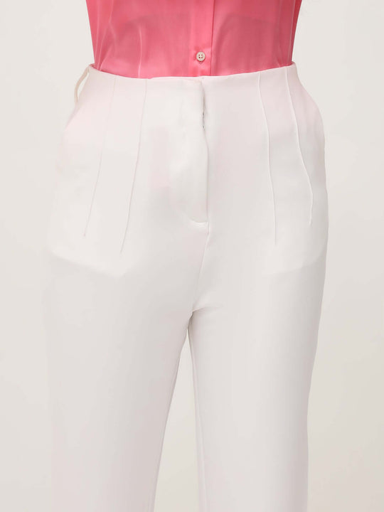 Women'S Luxury Banana Crepe Off White Skin Fit With Multi Pleated Trouser