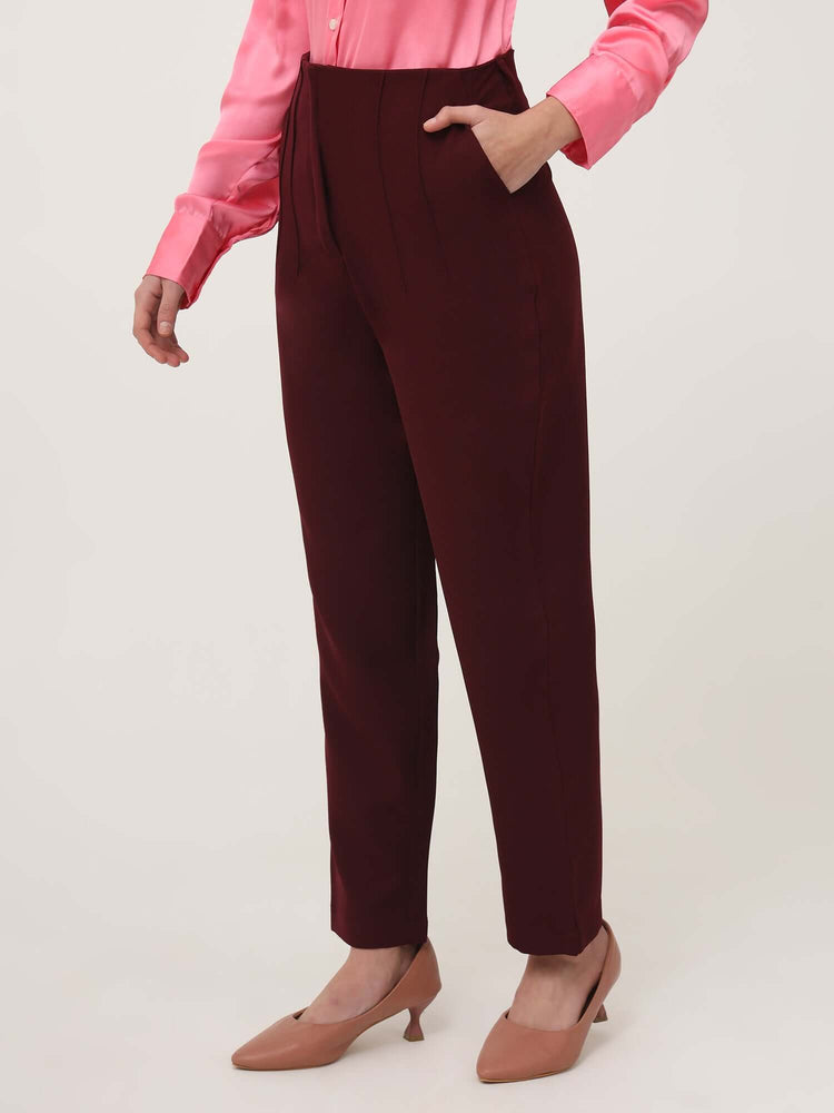 Women'S Luxury Banana Crepe Mahogany Skin Fit With Multi Pleated Trouser