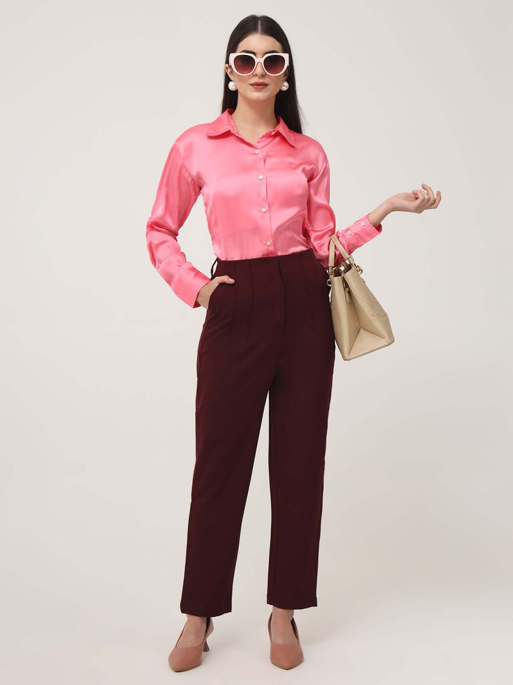 Women'S Luxury Banana Crepe Mahogany Skin Fit With Multi Pleated Trouser