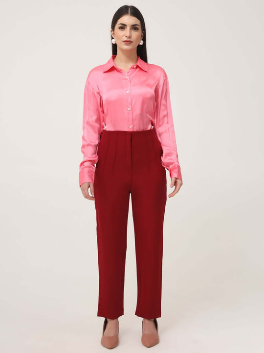 Women'S Luxury Banana Crepe Maroon Skin Fit With Multi Pleated Trouser
