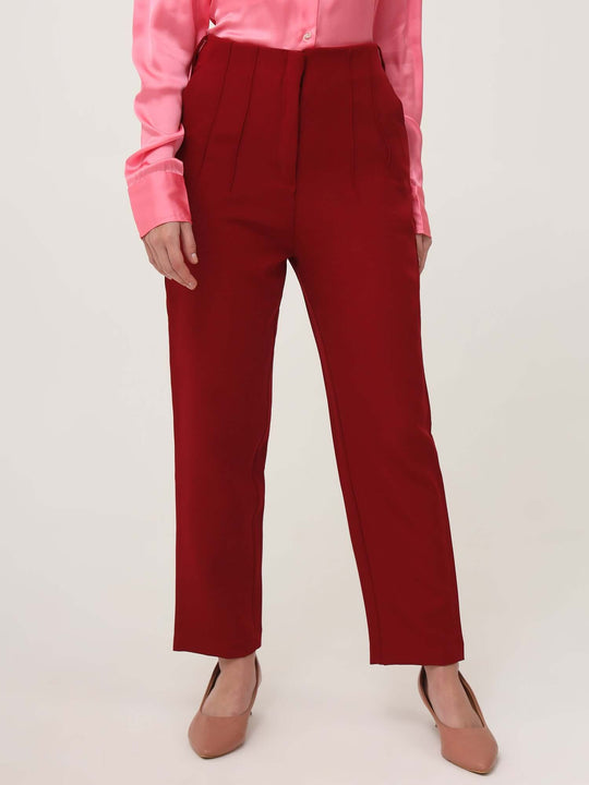 Women'S Luxury Banana Crepe Maroon Skin Fit With Multi Pleated Trouser