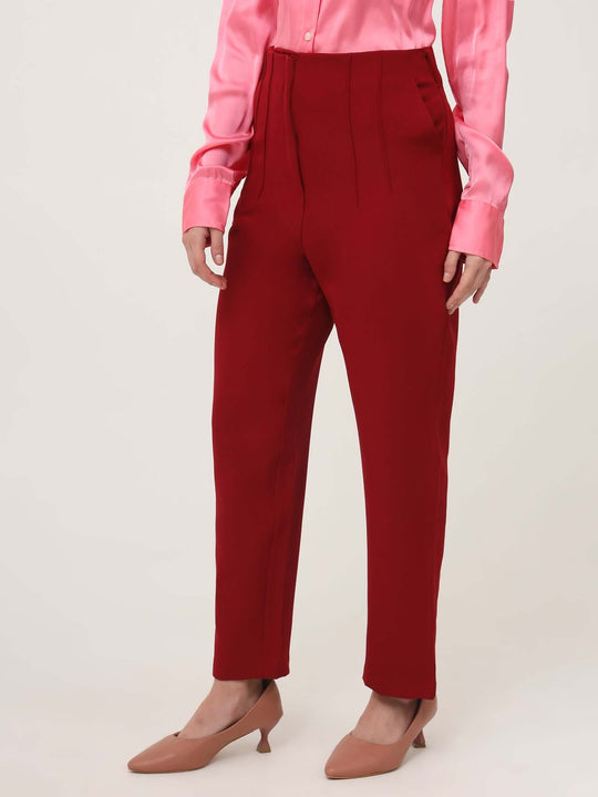 Women'S Luxury Banana Crepe Maroon Skin Fit With Multi Pleated Trouser