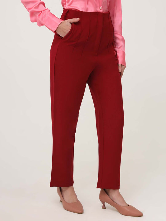 Women'S Luxury Banana Crepe Maroon Skin Fit With Multi Pleated Trouser