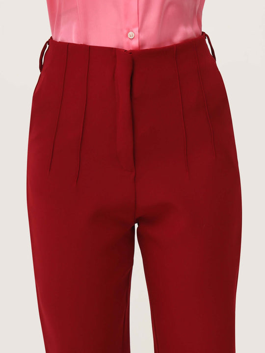 Women'S Luxury Banana Crepe Maroon Skin Fit With Multi Pleated Trouser