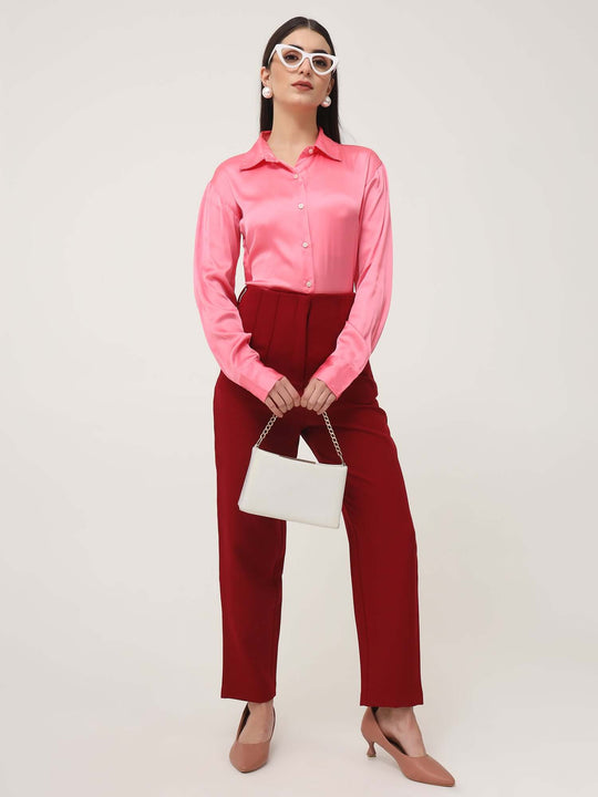 Women'S Luxury Banana Crepe Maroon Skin Fit With Multi Pleated Trouser