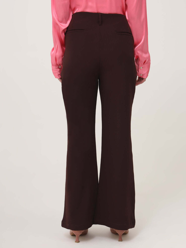 Women'S Luxury Banana Crepe Dark Choclate Flared Trouser With Slash Pocket