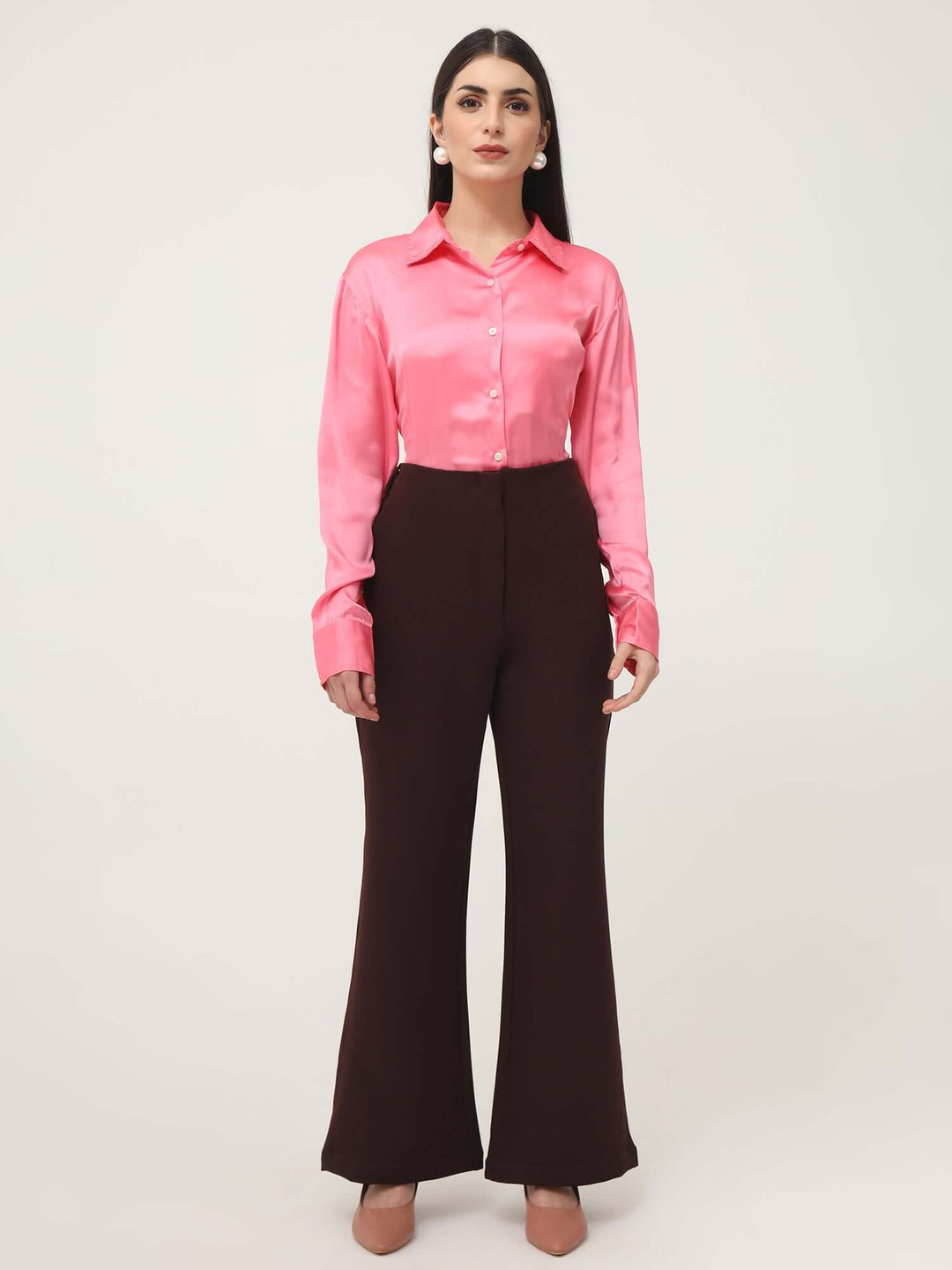 Women'S Luxury Banana Crepe Dark Choclate Flared Trouser With Slash Pocket