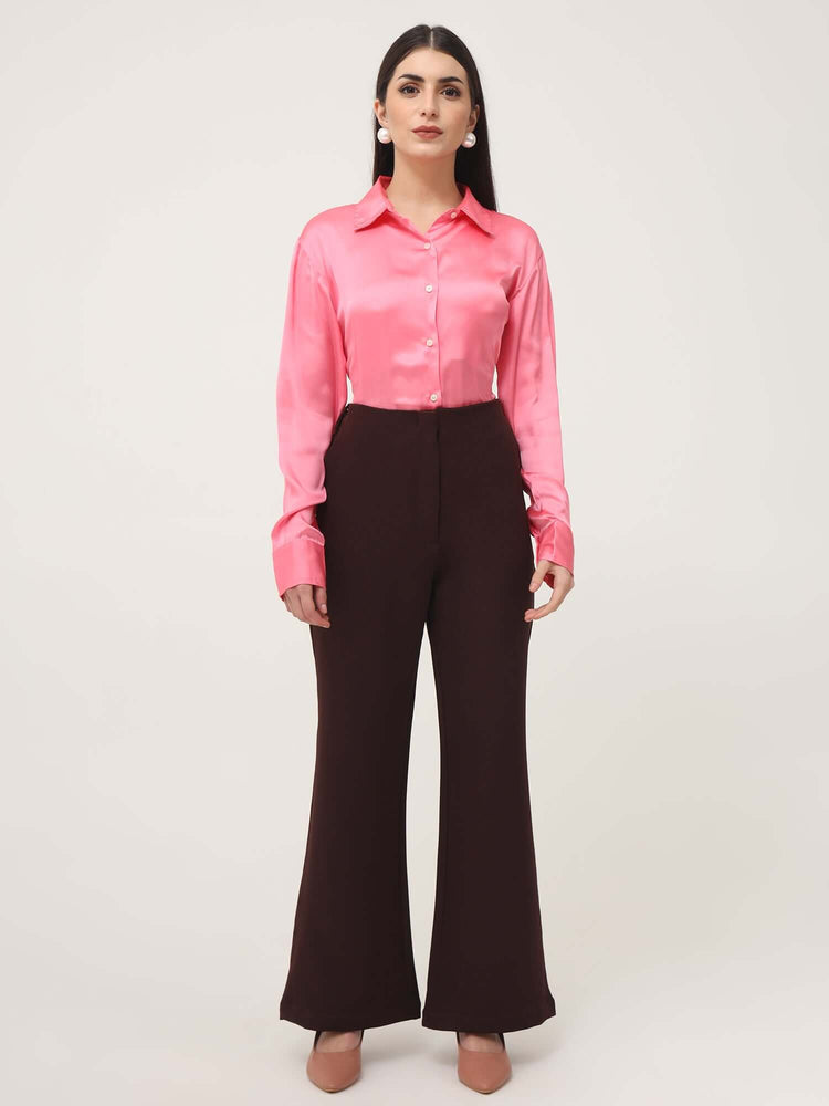 Women'S Luxury Banana Crepe Dark Choclate Flared Trouser With Slash Pocket