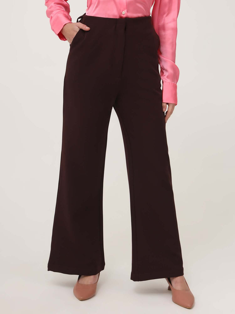 Women'S Luxury Banana Crepe Dark Choclate Flared Trouser With Slash Pocket