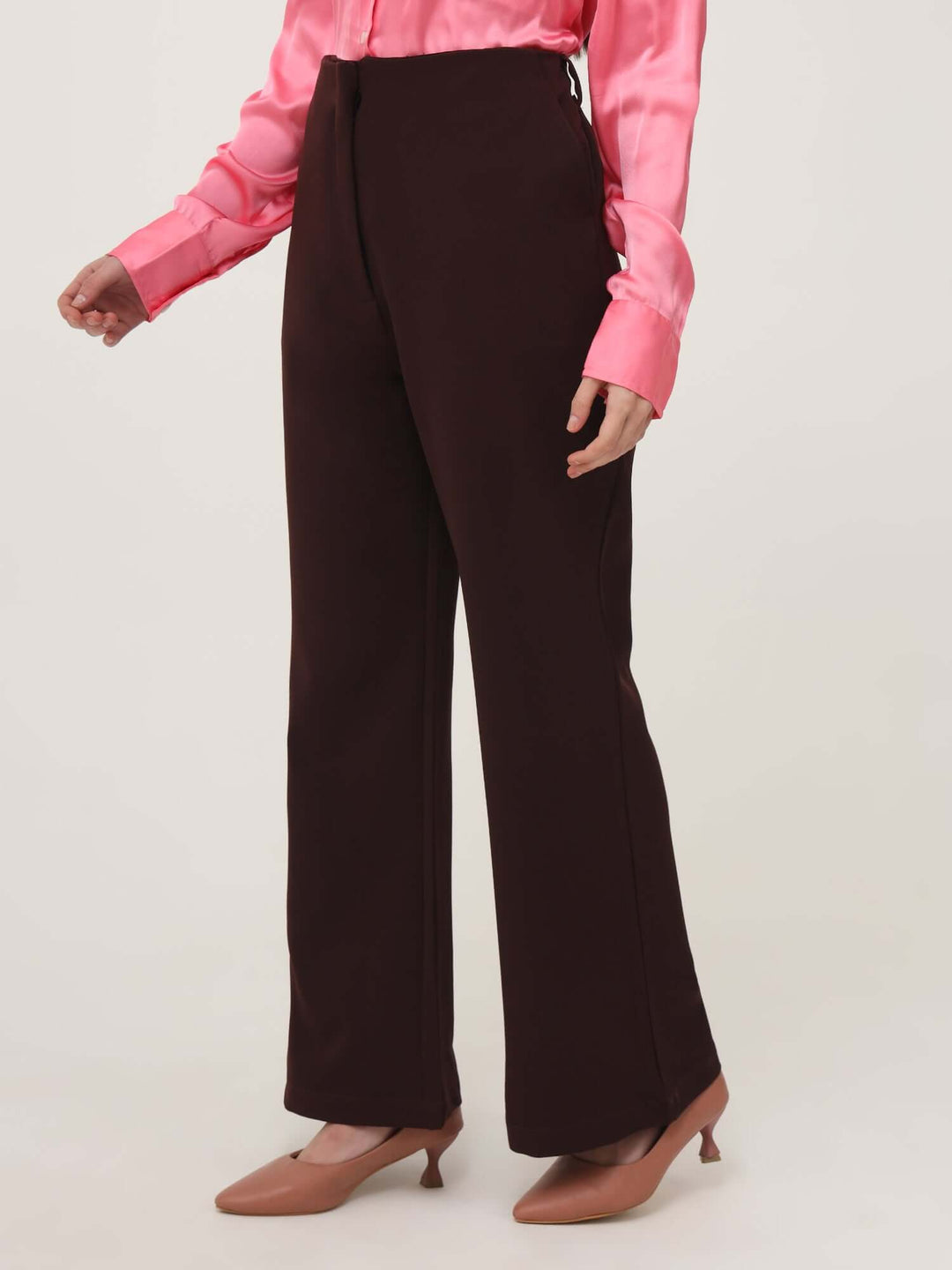 Women'S Luxury Banana Crepe Dark Choclate Flared Trouser With Slash Pocket