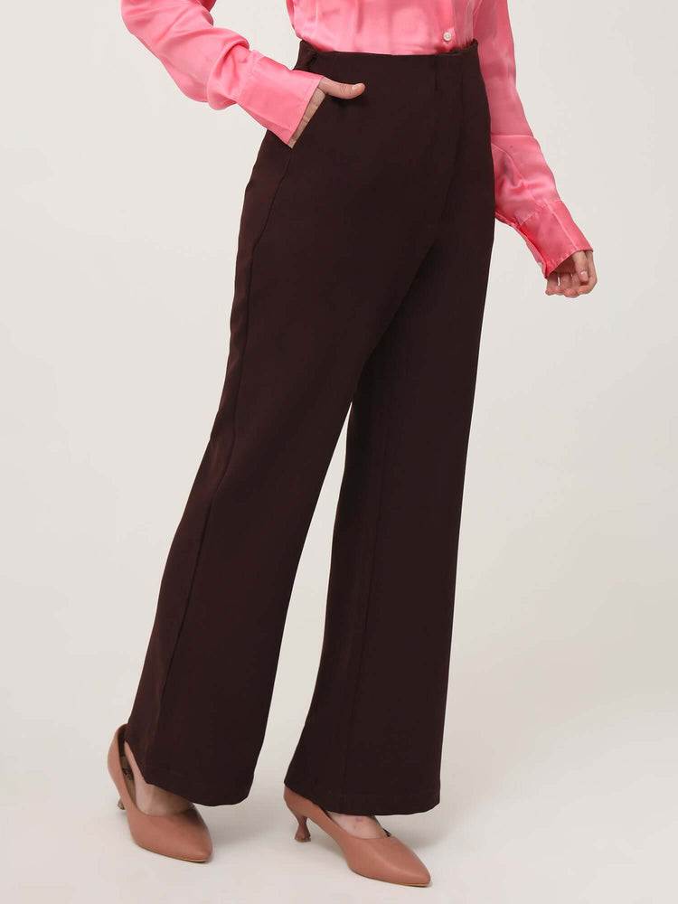 Women'S Luxury Banana Crepe Dark Choclate Flared Trouser With Slash Pocket