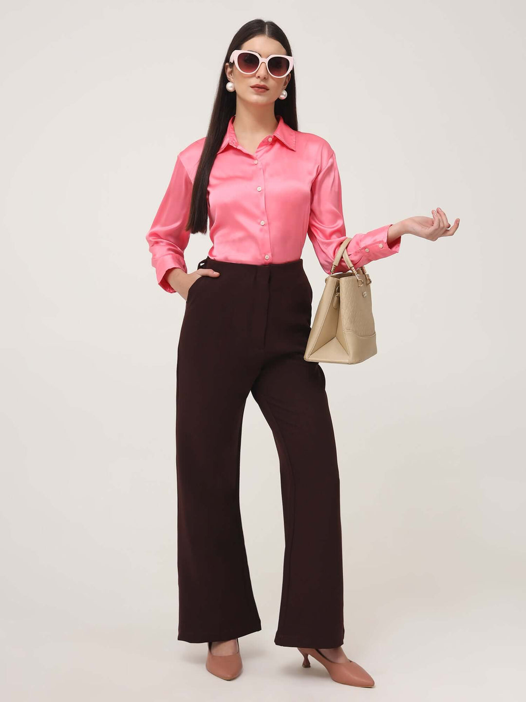 Women'S Luxury Banana Crepe Dark Choclate Flared Trouser With Slash Pocket