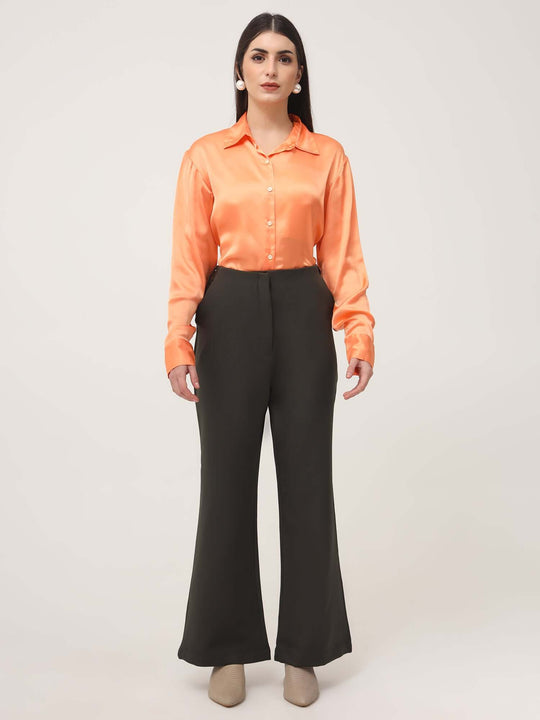Women'S Luxury Banana Crepe Olive Flared Trouser With Slash Pocket