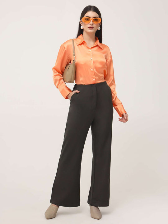 Women'S Luxury Banana Crepe Olive Flared Trouser With Slash Pocket