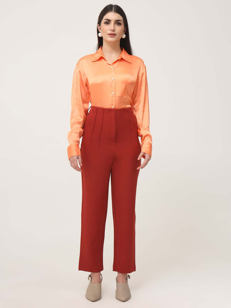 Women'S Luxury Banana Crepe Burnt Umber Skin Fit With Multi Pleated Trouser