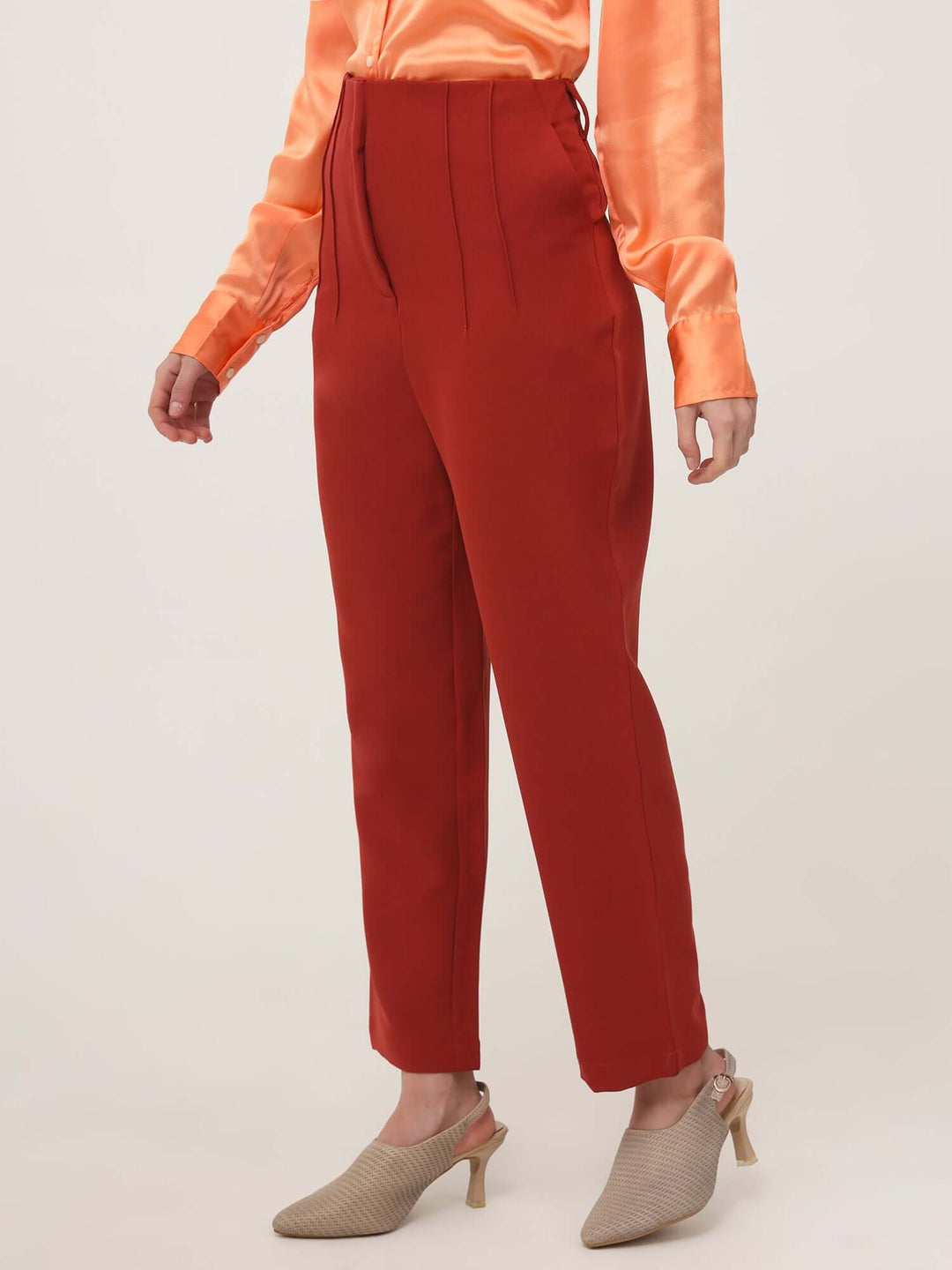 Women'S Luxury Banana Crepe Burnt Umber Skin Fit With Multi Pleated Trouser