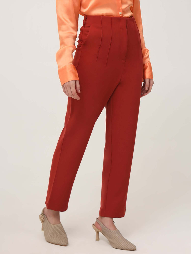 Women'S Luxury Banana Crepe Burnt Umber Skin Fit With Multi Pleated Trouser