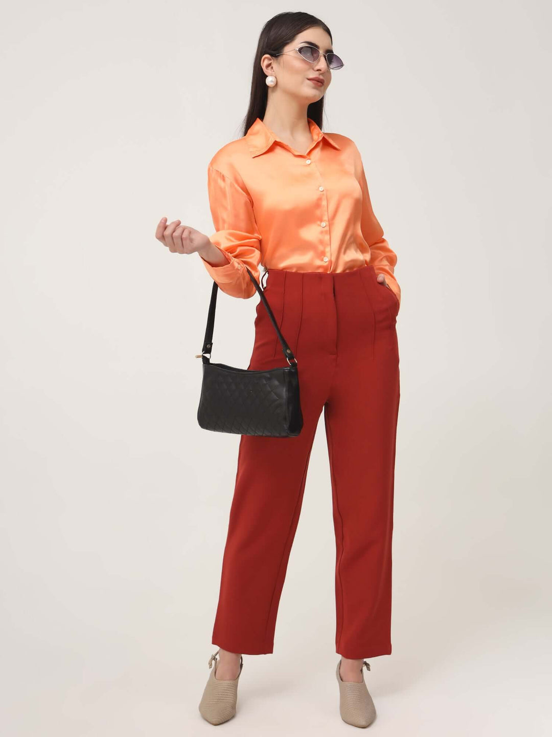 Women'S Luxury Banana Crepe Burnt Umber Skin Fit With Multi Pleated Trouser