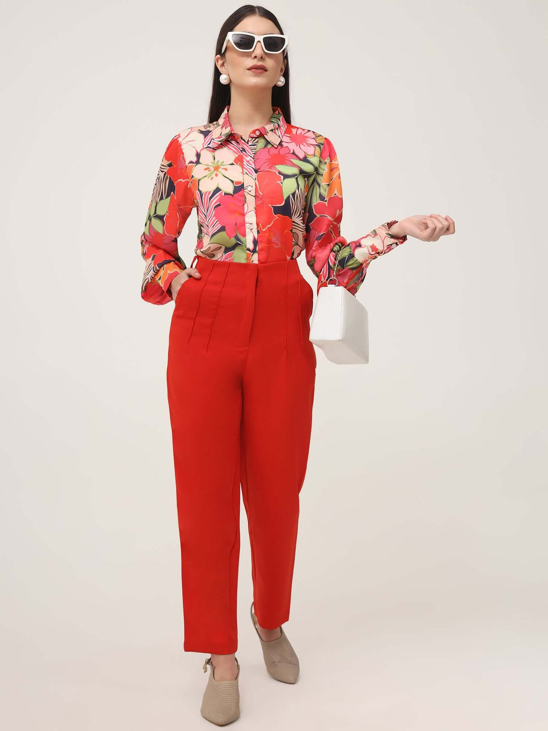 Women'S Luxury Banana Crepe Mars Red Skin Fit With Multi Pleated Trouser