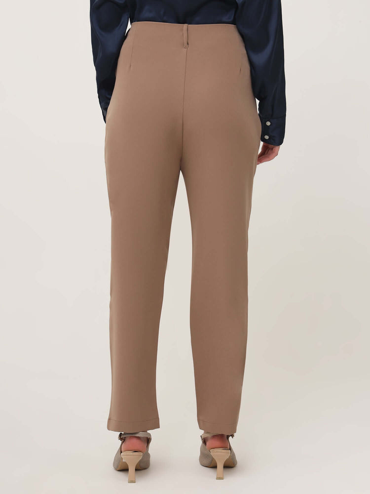 Women'S Luxury Banana Crepe Dark Beige Skin Fit With Multi Pleated Trouser
